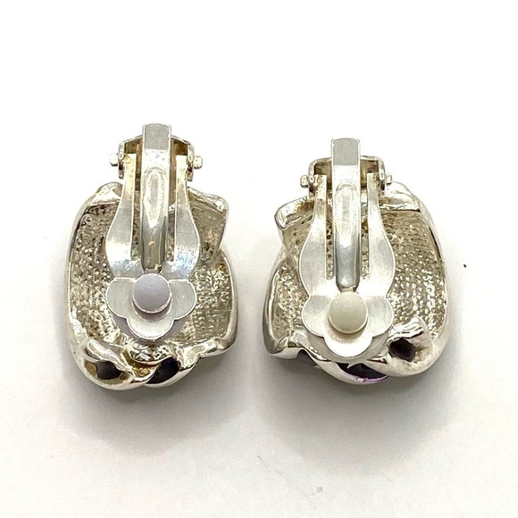 Clip Ons Clips Earrings Silver Tone Purple Maroon Enamel - Picture 3 of 11